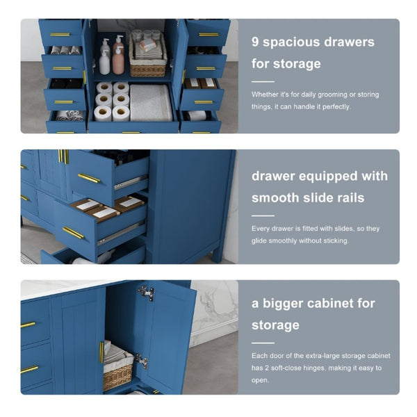 English Elm 42 Inch Bathroom Vanity Base with 9 Smooth Drawers Soft Close Doors Blue Gold Hardware W2699P516449