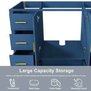 English Elm 42 Inch Bathroom Vanity Base with 9 Smooth Drawers Soft Close Doors Blue Gold Hardware W2699P516449
