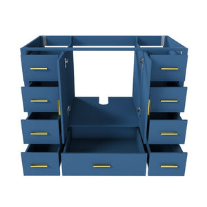 English Elm 42 Inch Bathroom Vanity Base with 9 Smooth Drawers Soft Close Doors Blue Gold Hardware W2699P516449