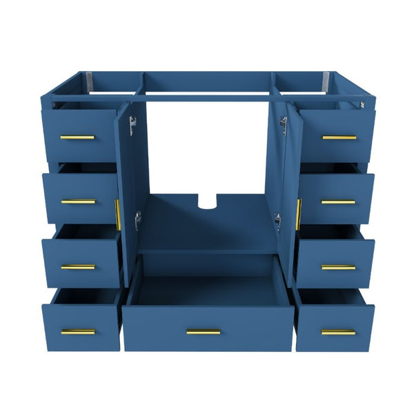 English Elm 42 Inch Bathroom Vanity Base with 9 Smooth Drawers Soft Close Doors Blue Gold Hardware W2699P516449