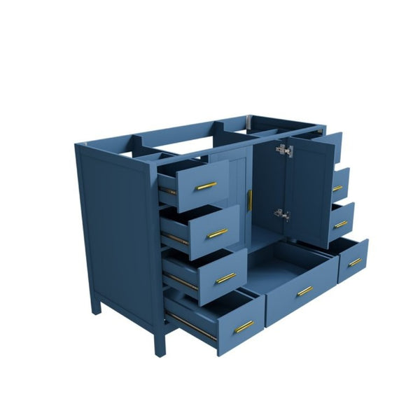 English Elm 42 Inch Bathroom Vanity Base with 9 Smooth Drawers Soft Close Doors Blue Gold Hardware W2699P516449