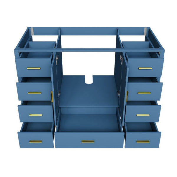 English Elm 48 Inch Navy Vanity Base Cabinet with 9 Drawer Slides and Soft Close Doors Gold Hardware Blue W2699P516450