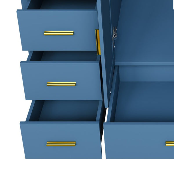 English Elm 48 Inch Navy Vanity Base Cabinet with 9 Drawer Slides and Soft Close Doors Gold Hardware Blue W2699P516450