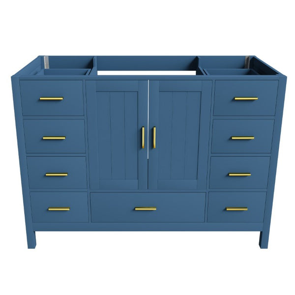 English Elm 48 Inch Navy Vanity Base Cabinet with 9 Drawer Slides and Soft Close Doors Gold Hardware Blue W2699P516450
