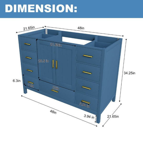 English Elm 48 Inch Navy Vanity Base Cabinet with 9 Drawer Slides and Soft Close Doors Gold Hardware Blue W2699P516450