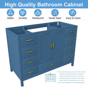 English Elm 48 Inch Navy Vanity Base Cabinet with 9 Drawer Slides and Soft Close Doors Gold Hardware Blue W2699P516450