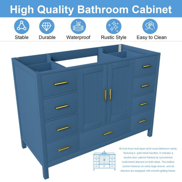 English Elm 48 Inch Navy Vanity Base Cabinet with 9 Drawer Slides and Soft Close Doors Gold Hardware Blue W2699P516450