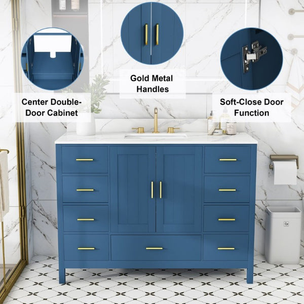 English Elm 48 Inch Navy Vanity Base Cabinet with 9 Drawer Slides and Soft Close Doors Gold Hardware Blue W2699P516450