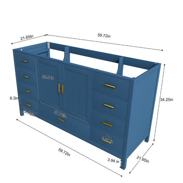 English Elm 60 Inch Navy Bathroom Vanity Base with Gold Hardware Soft Close Doors and Ample Storage Blue W2699P516451