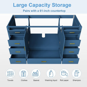 English Elm 60 Inch Navy Bathroom Vanity Base with Gold Hardware Soft Close Doors and Ample Storage Blue W2699P516451