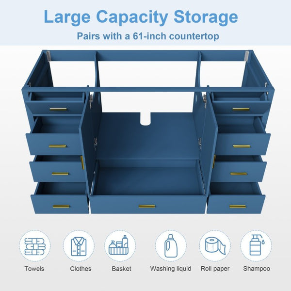 English Elm 60 Inch Navy Bathroom Vanity Base with Gold Hardware Soft Close Doors and Ample Storage Blue W2699P516451