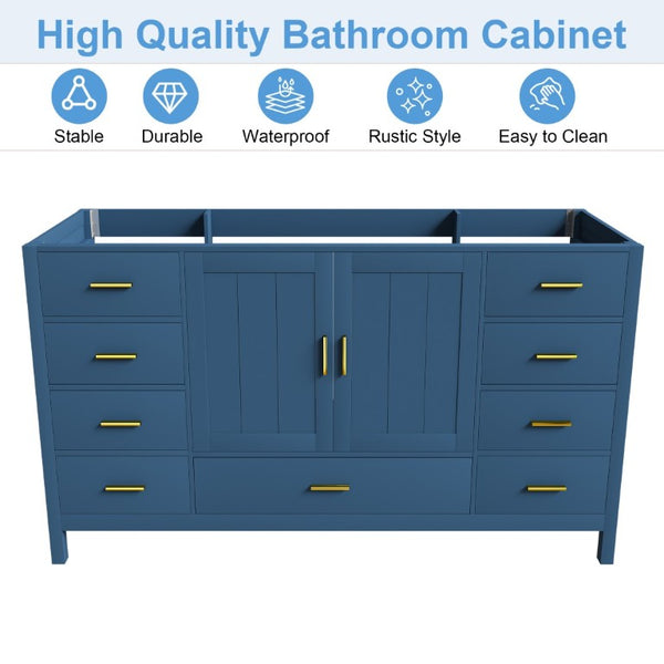 English Elm 60 Inch Navy Bathroom Vanity Base with Gold Hardware Soft Close Doors and Ample Storage Blue W2699P516451