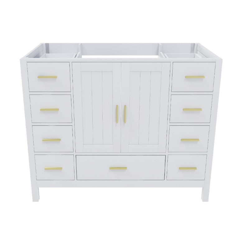 English Elm 42 Inch White Bathroom Vanity Base Solid Wood Cabinet with Gold Hardware and 9 Drawers W2699P516452