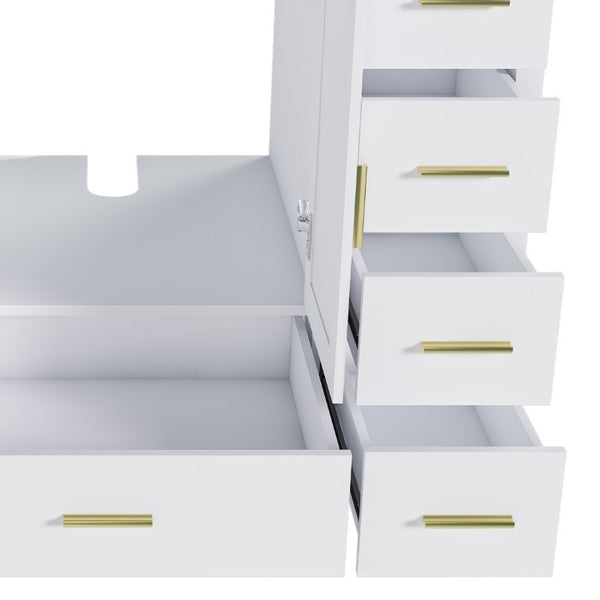English Elm 42 Inch White Bathroom Vanity Base Solid Wood Cabinet with Gold Hardware and 9 Drawers W2699P516452