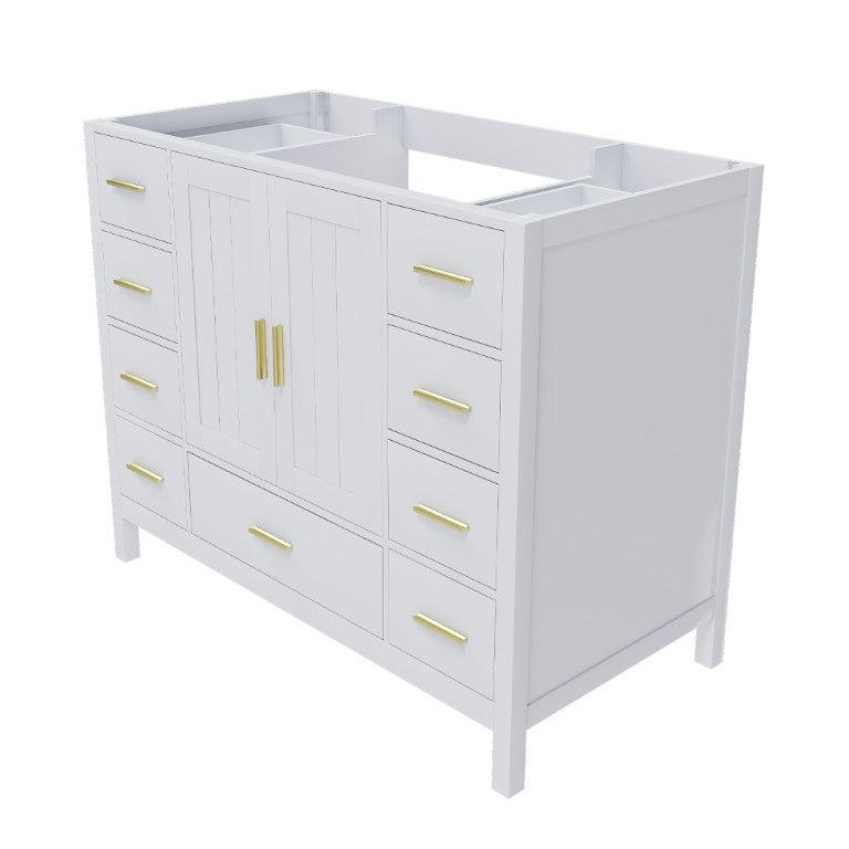 English Elm 42 Inch White Bathroom Vanity Base Solid Wood Cabinet with Gold Hardware and 9 Drawers W2699P516452
