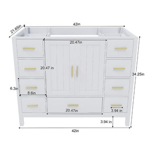 English Elm 42 Inch White Bathroom Vanity Base Solid Wood Cabinet with Gold Hardware and 9 Drawers W2699P516452