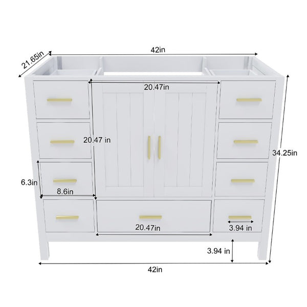 English Elm 42 Inch White Bathroom Vanity Base Solid Wood Cabinet with Gold Hardware and 9 Drawers W2699P516452
