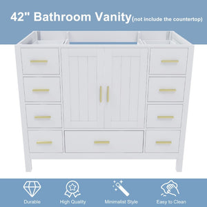 English Elm 42 Inch White Bathroom Vanity Base Solid Wood Cabinet with Gold Hardware and 9 Drawers W2699P516452