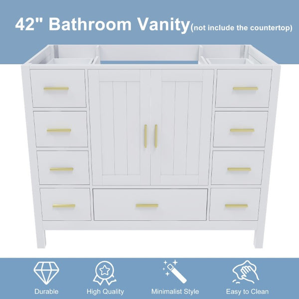 English Elm 42 Inch White Bathroom Vanity Base Solid Wood Cabinet with Gold Hardware and 9 Drawers W2699P516452