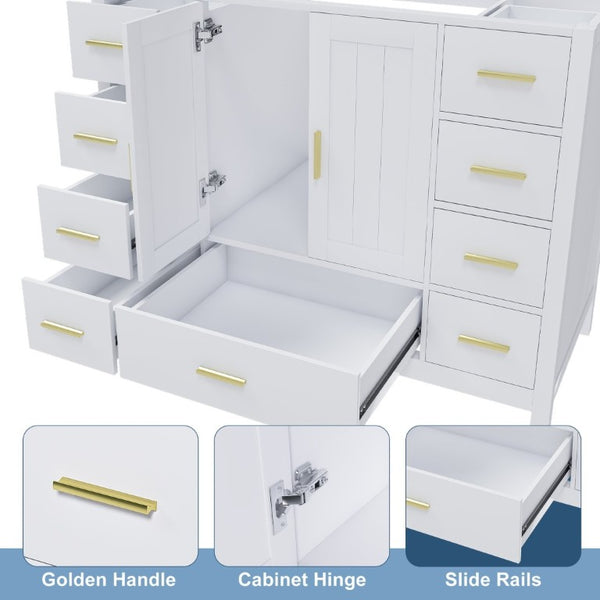 English Elm 42 Inch White Bathroom Vanity Base Solid Wood Cabinet with Gold Hardware and 9 Drawers W2699P516452