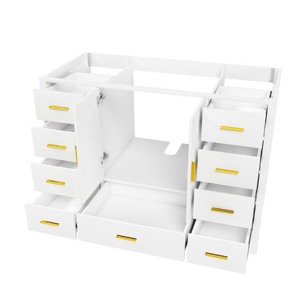 English Elm 48 Inch Navy Vanity Base Cabinet with 9 Drawer Slides and Soft Close Doors Gold Hardware White W2699P516453
