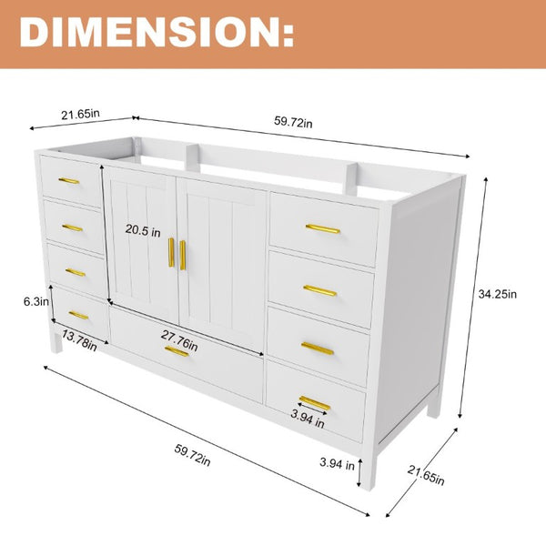 English Elm 60 Inch Navy Bathroom Vanity Base with Gold Hardware Soft Close Doors and Ample Storage White W2699P516454