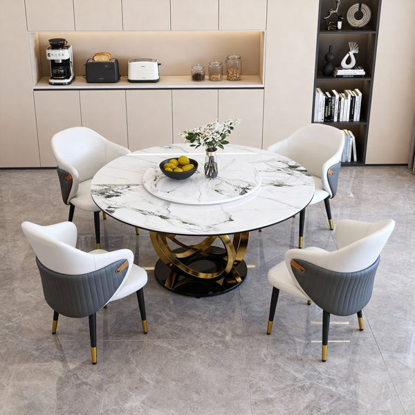 English Elm 59 Inch Round Sintered Stone Dining Table with Integrated Lazy Susan Seats Four Families W2699S00100
