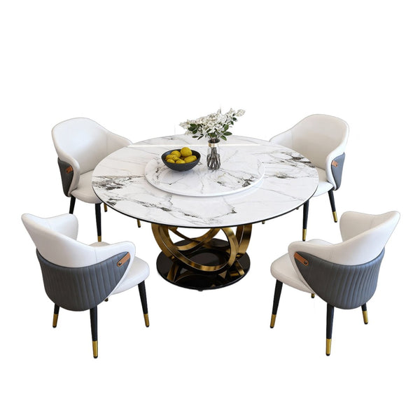 English Elm 59 Inch Round Sintered Stone Dining Table with Integrated Lazy Susan Seats Four Families W2699S00100