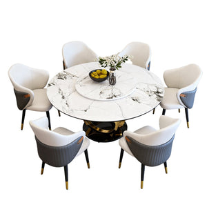 English Elm 59" Round Sintered Stone Dining Table Built-in Lazy Susan Seats Six Marble Look W2699S00101