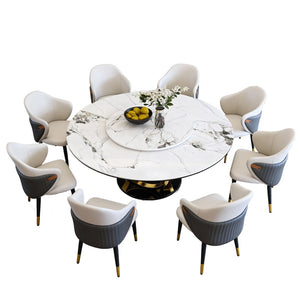 English Elm 59" Round Sintered Stone Dining Table with Built-in Lazy Susan Seats 8 Guests W2699S00102
