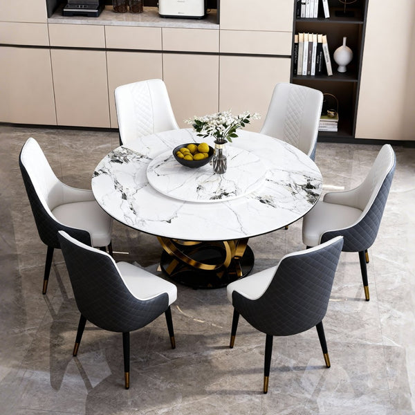 English Elm 59" Round Sintered Stone Dining Table with Lazy Susan Rotating Top Seats Four W2699S00103