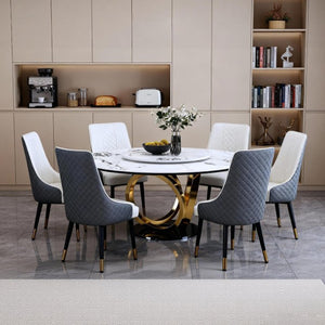 English Elm 59" Round Sintered Stone Dining Table with Lazy Susan Rotating Top Seats Four W2699S00103