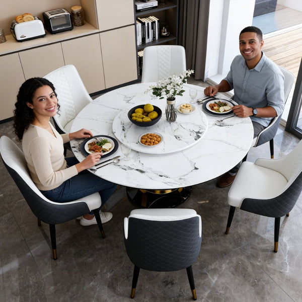 English Elm 59" Round Sintered Stone Dining Table with Lazy Susan Rotating Top Seats Four W2699S00103