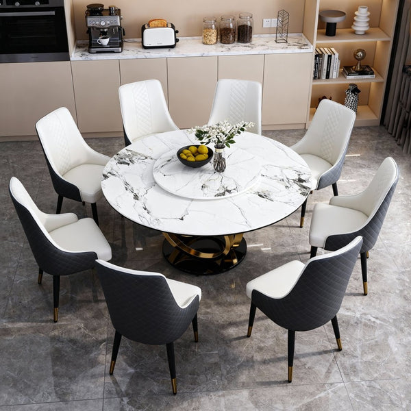 English Elm 59" Round Sintered Stone Dining Table with Lazy Susan Rotating Top Seats Four W2699S00103