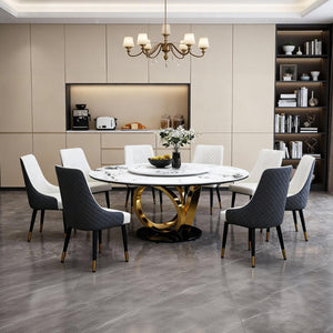 English Elm 59" Round Sintered Stone Dining Table with Lazy Susan Rotating Top Seats Four W2699S00103