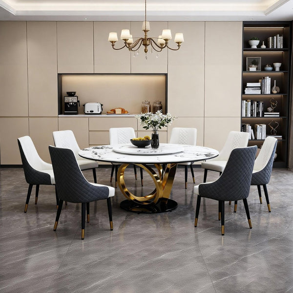 English Elm 59" Round Sintered Stone Dining Table with Lazy Susan Rotating Top Seats Four W2699S00103