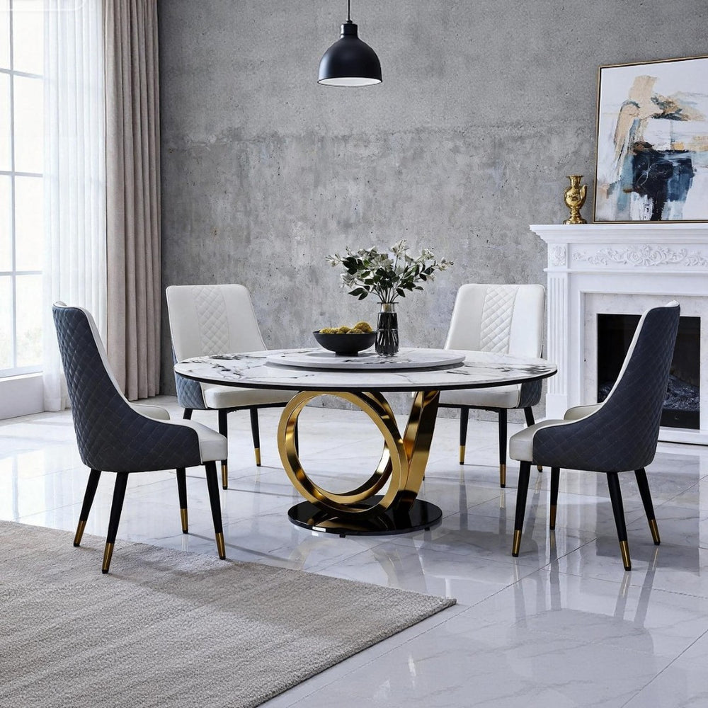 English Elm 59" Round Sintered Stone Dining Table with Lazy Susan Rotating Top Seats Four W2699S00103