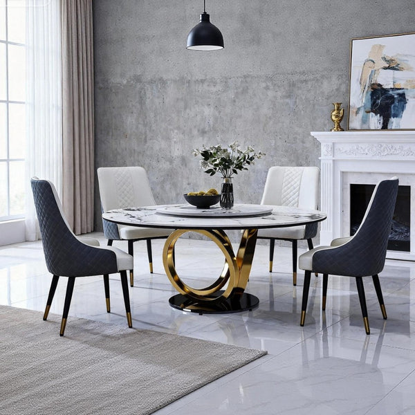 English Elm 59" Round Sintered Stone Dining Table with Lazy Susan Rotating Top Seats Four W2699S00103