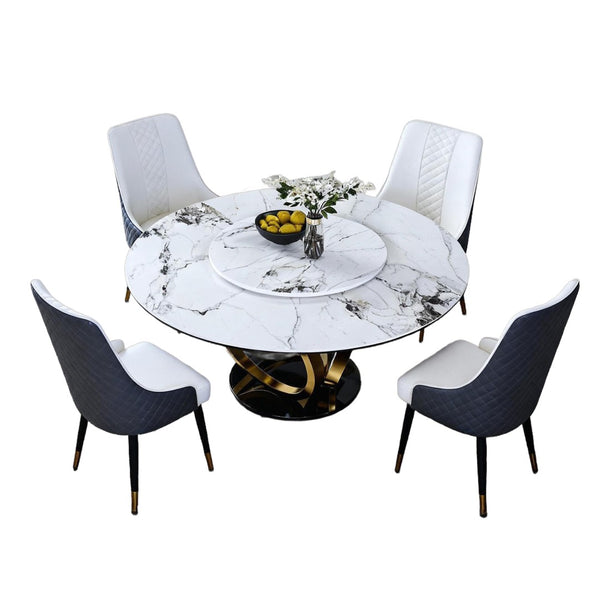 English Elm 59" Round Sintered Stone Dining Table with Lazy Susan Rotating Top Seats Four W2699S00103