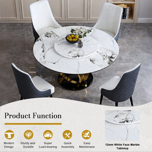 English Elm 59" Round Sintered Stone Dining Table with Lazy Susan Rotating Top Seats Four W2699S00103