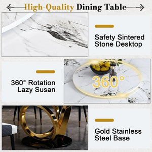 English Elm 59" Round Sintered Stone Dining Table with Lazy Susan Rotating Top Seats Four W2699S00103
