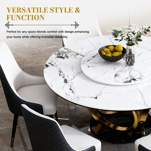 English Elm 59" Round Sintered Stone Dining Table with Lazy Susan Rotating Top Seats Four W2699S00103
