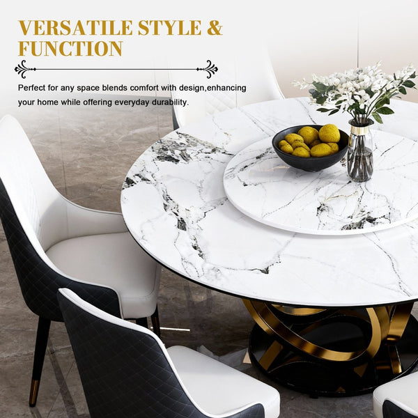 English Elm 59" Round Sintered Stone Dining Table with Lazy Susan Rotating Top Seats Four W2699S00103
