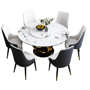 English Elm 59" Round Sintered Stone Dining Table Seats Six with Built-in Rotating Lazy Susan W2699S00104