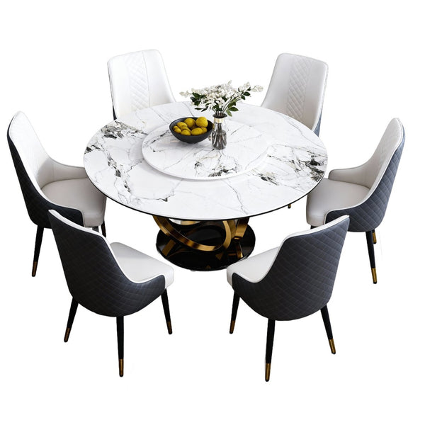 English Elm 59" Round Sintered Stone Dining Table Seats Six with Built-in Rotating Lazy Susan W2699S00104