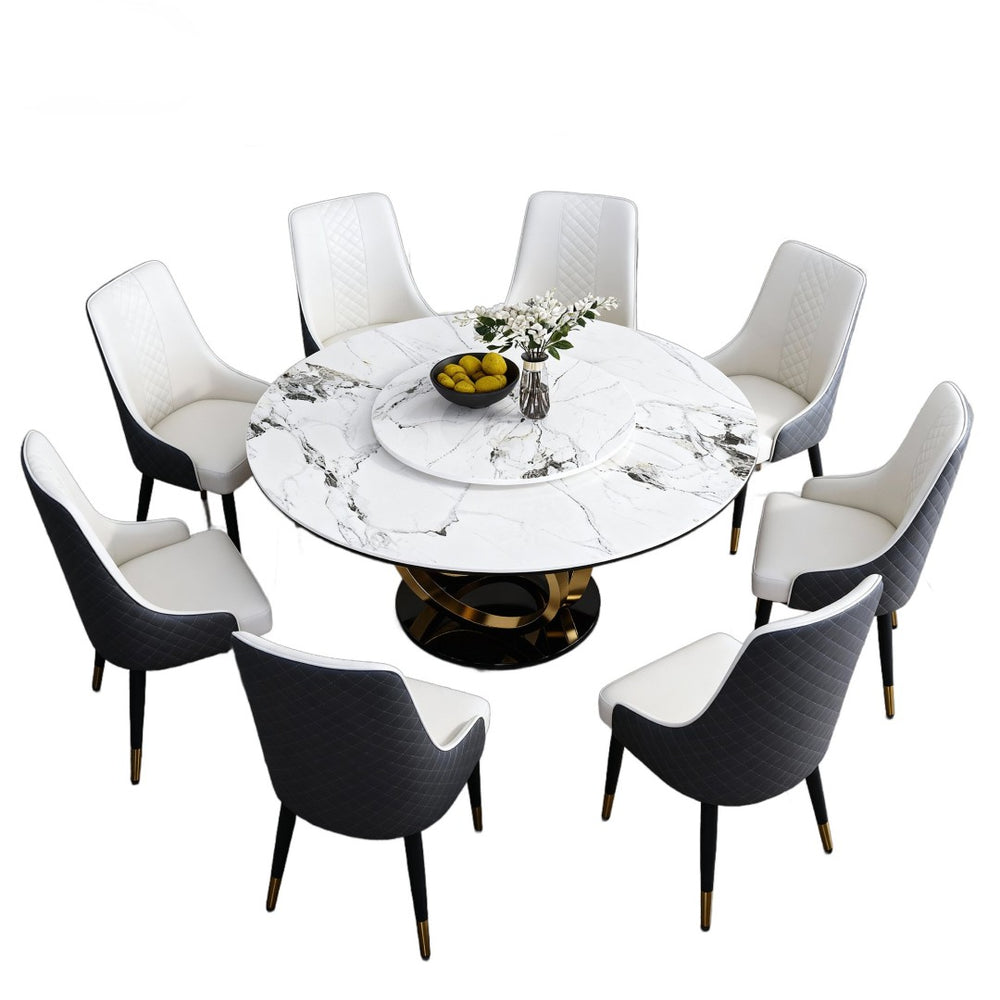English Elm 59" Round Sintered Stone Dining Table Seats 8 with Built-in Rotating Lazy Susan W2699S00105