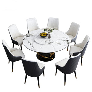 English Elm 59" Round Sintered Stone Dining Table Seats 8 with Built-in Rotating Lazy Susan W2699S00105