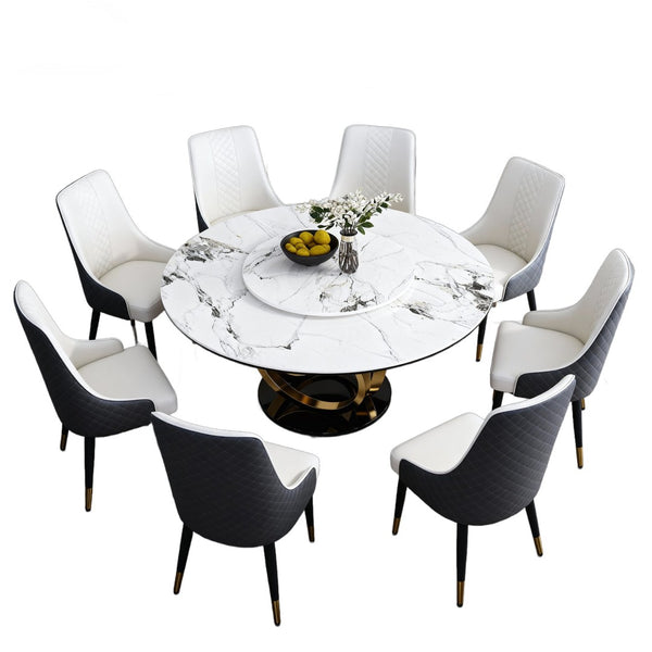 English Elm 59" Round Sintered Stone Dining Table Seats 8 with Built-in Rotating Lazy Susan W2699S00105