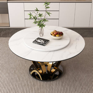 English Elm 59" Round Sintered Stone Dining Table with Lazy Susan for Modern Family Gatherings W2699S00119