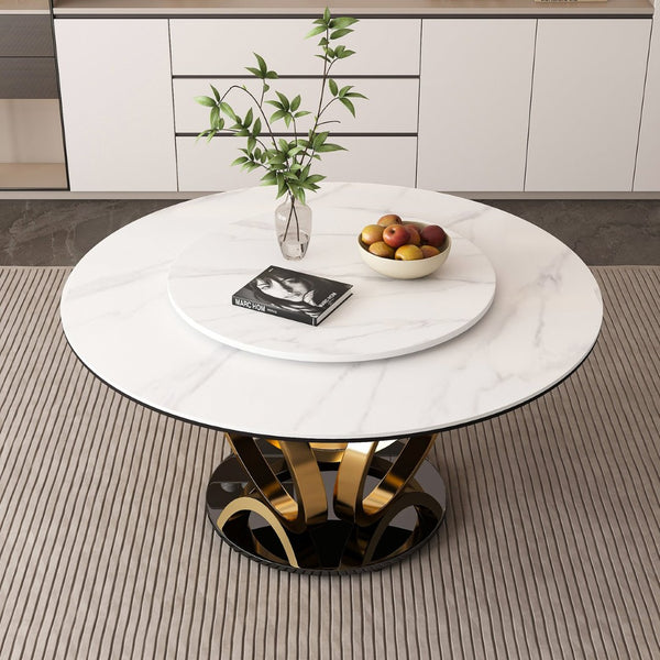 English Elm 59" Round Sintered Stone Dining Table with Lazy Susan for Modern Family Gatherings W2699S00119